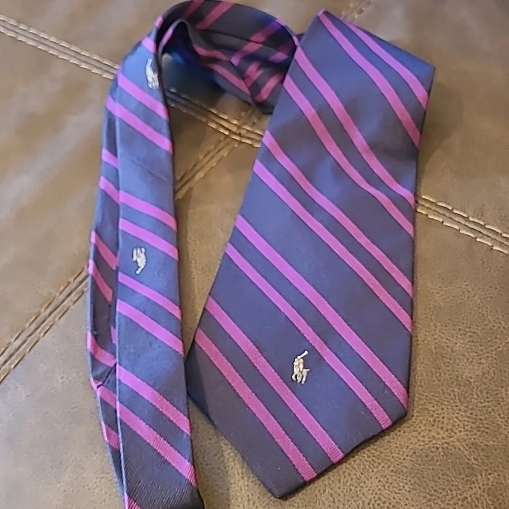 Polo Ralph Lauren 100% Silk Tie Navy Purple Stripes Preppy Designer Business